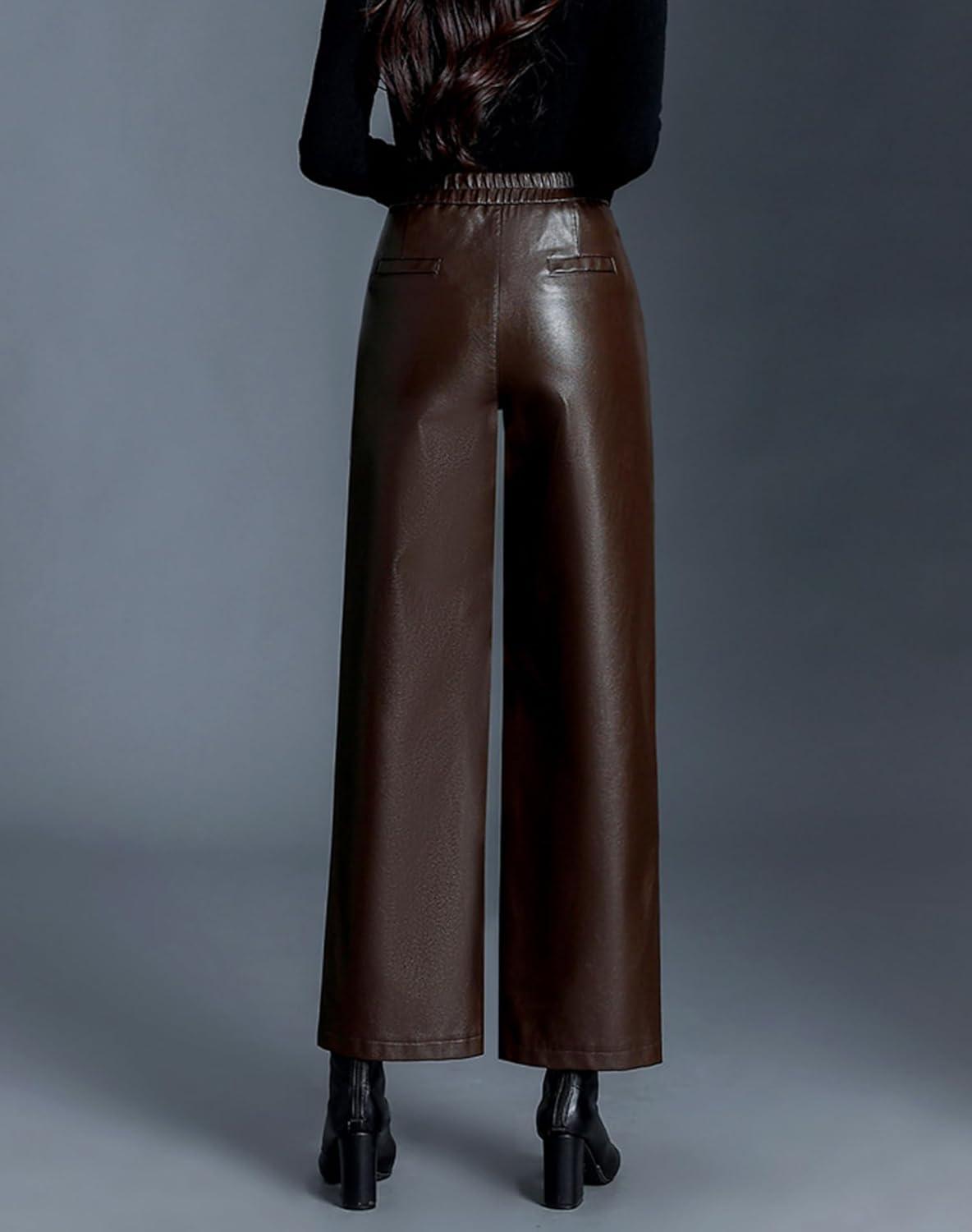 imageHaoMay Womens Faux Leather Pants Straight Wide Leg PU Trousers with PocketsCoffee