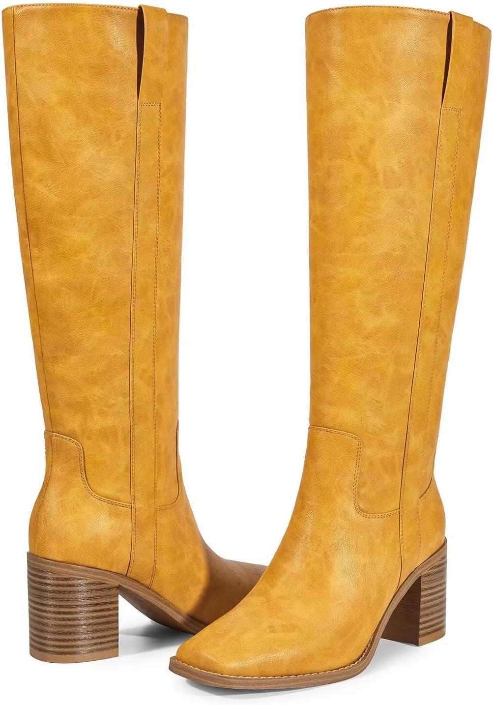 imageISNOM Knee High Boots Women Chunky Low Heel Square Toe Elastic Boots Side Zipper Faux Leather Fall Long Tall BootAbright Bananayellow