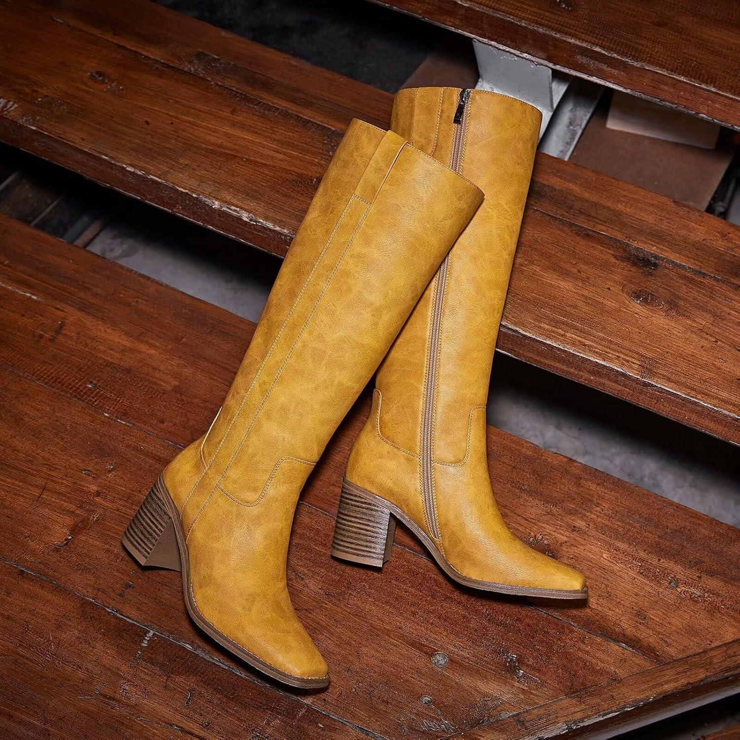 imageISNOM Knee High Boots Women Chunky Low Heel Square Toe Elastic Boots Side Zipper Faux Leather Fall Long Tall BootAbright Bananayellow