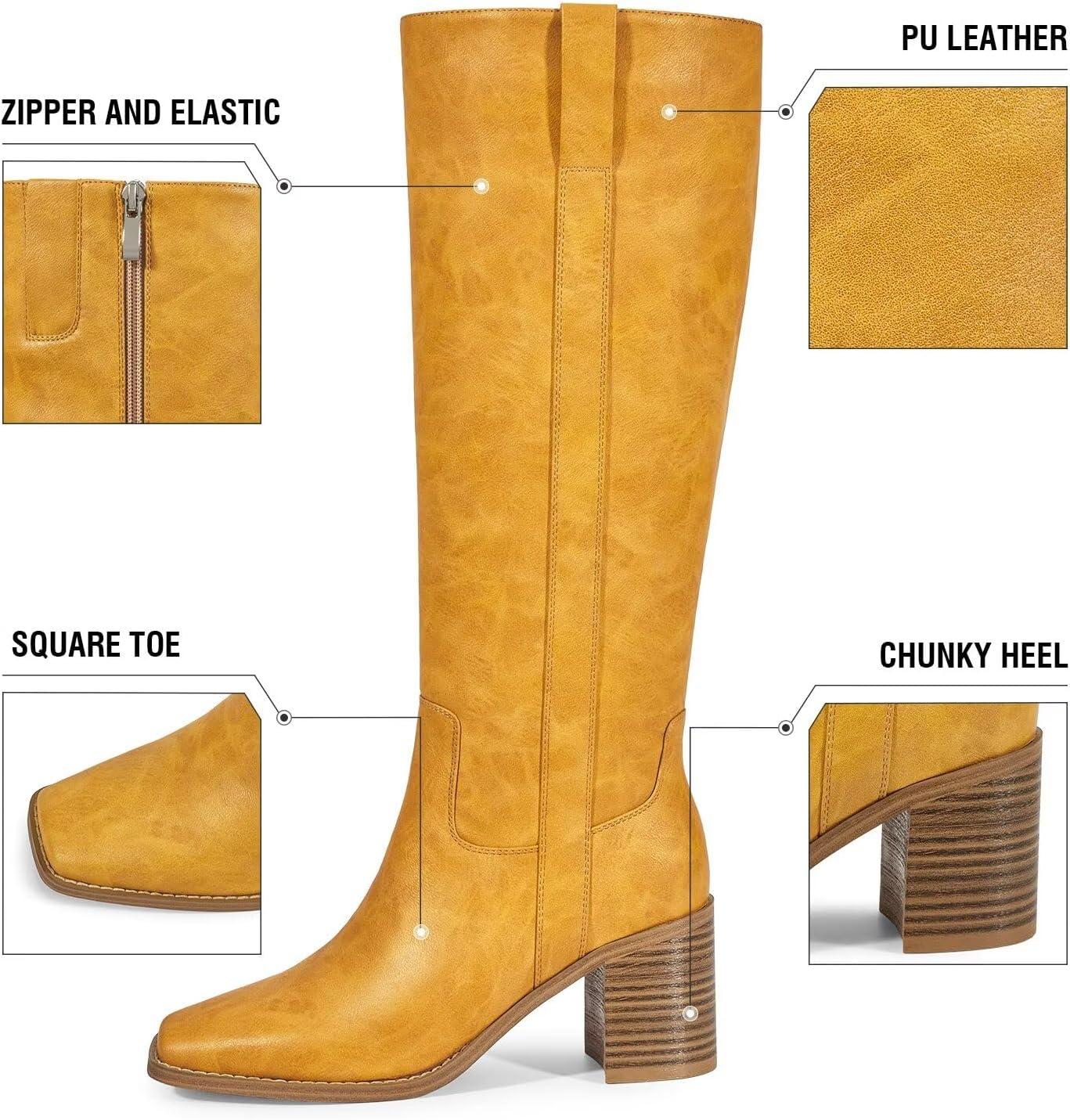 imageISNOM Knee High Boots Women Chunky Low Heel Square Toe Elastic Boots Side Zipper Faux Leather Fall Long Tall BootAbright Bananayellow