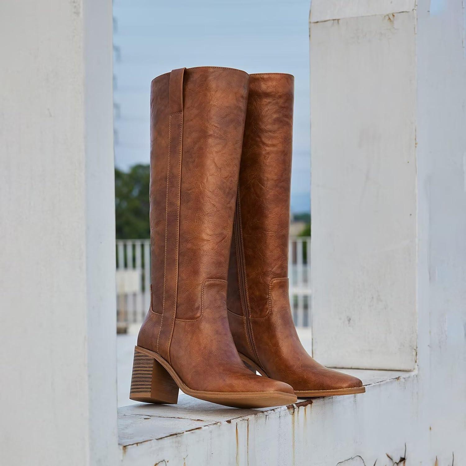 imageISNOM Knee High Boots Women Chunky Low Heel Square Toe Elastic Boots Side Zipper Faux Leather Fall Long Tall BootAreddish Brown
