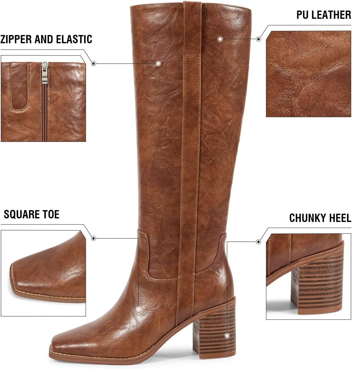 imageISNOM Knee High Boots Women Chunky Low Heel Square Toe Elastic Boots Side Zipper Faux Leather Fall Long Tall BootAreddish Brown