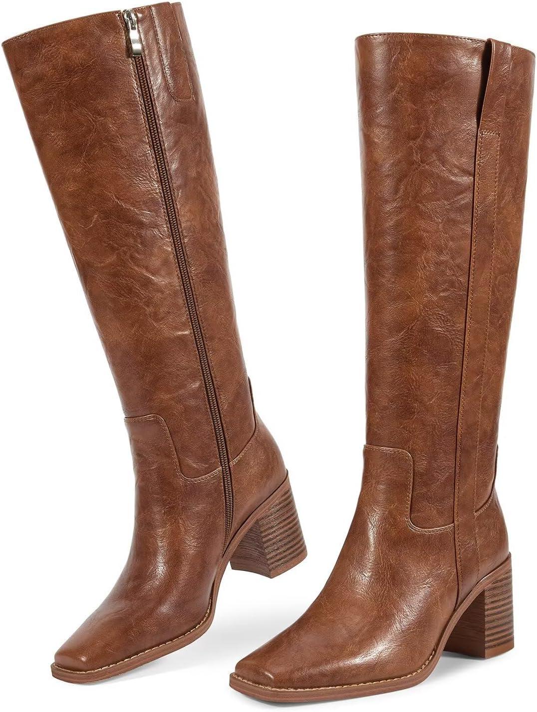 imageISNOM Knee High Boots Women Chunky Low Heel Square Toe Elastic Boots Side Zipper Faux Leather Fall Long Tall BootAreddish Brown