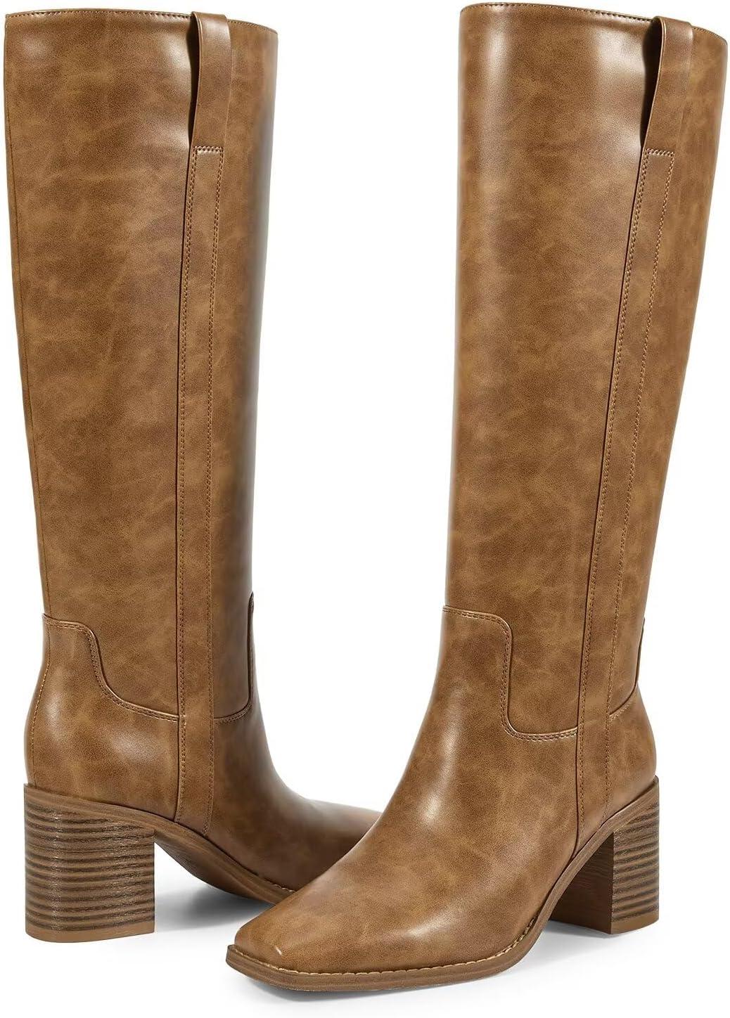 imageISNOM Knee High Boots Women Chunky Low Heel Square Toe Elastic Boots Side Zipper Faux Leather Fall Long Tall BootAvitality Brown