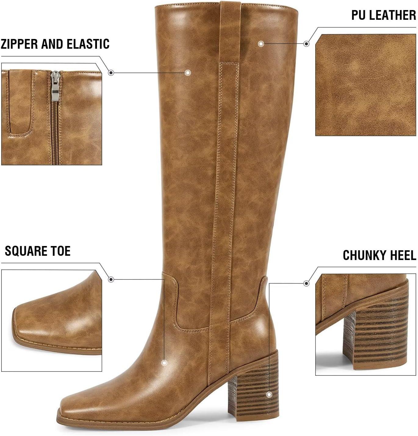imageISNOM Knee High Boots Women Chunky Low Heel Square Toe Elastic Boots Side Zipper Faux Leather Fall Long Tall BootAvitality Brown
