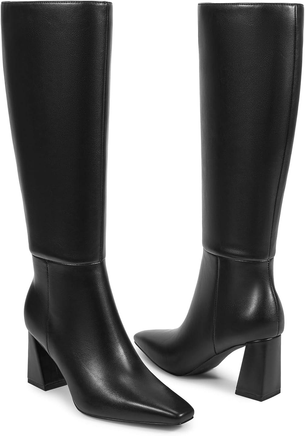 imageISNOM Knee High Boots Women Chunky Low Heel Square Toe Elastic Boots Side Zipper Faux Leather Fall Long Tall BootBlack 295in Heel
