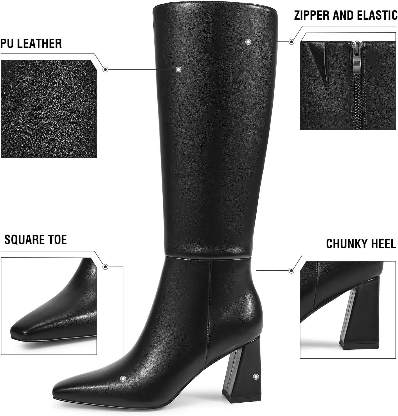 imageISNOM Knee High Boots Women Chunky Low Heel Square Toe Elastic Boots Side Zipper Faux Leather Fall Long Tall BootBlack 295in Heel