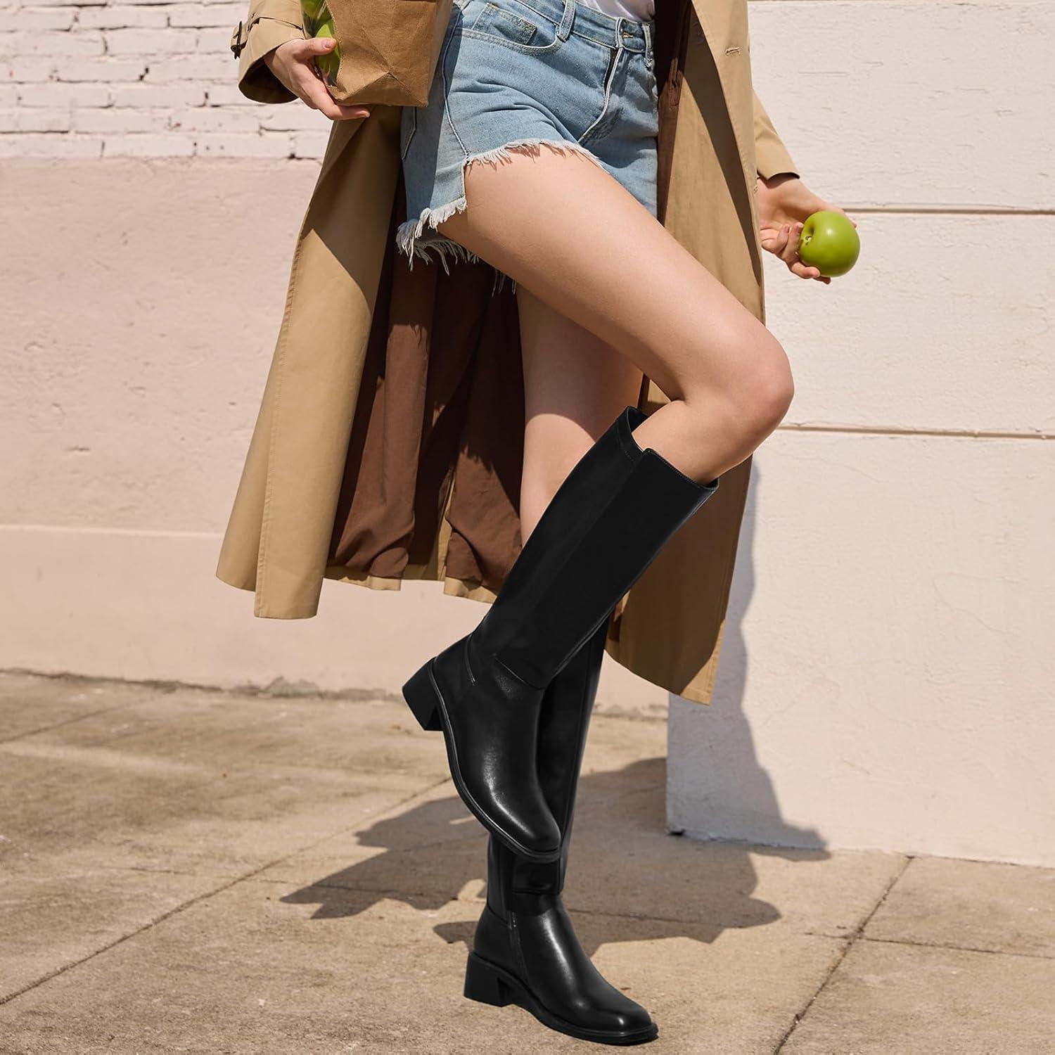 imageISNOM Knee High Boots Women Chunky Low Heel Square Toe Elastic Boots Side Zipper Faux Leather Fall Long Tall BootBlacklow Heels