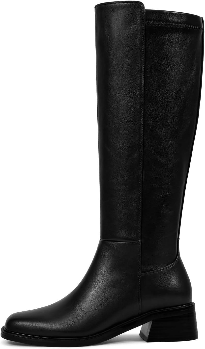 imageISNOM Knee High Boots Women Chunky Low Heel Square Toe Elastic Boots Side Zipper Faux Leather Fall Long Tall BootBlacklow Heels