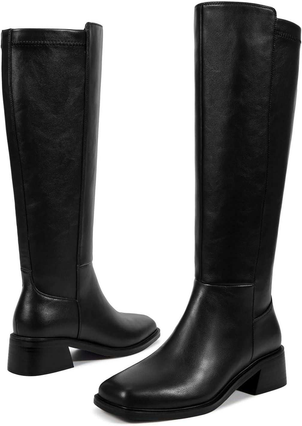 imageISNOM Knee High Boots Women Chunky Low Heel Square Toe Elastic Boots Side Zipper Faux Leather Fall Long Tall BootBlacklow Heels