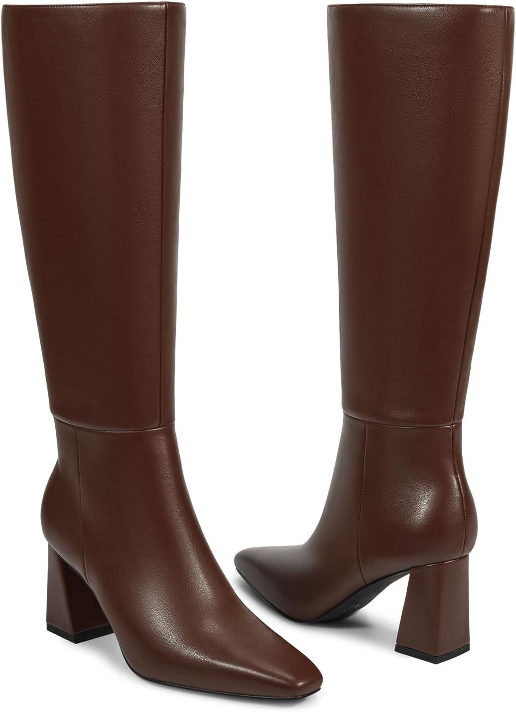 imageISNOM Knee High Boots Women Chunky Low Heel Square Toe Elastic Boots Side Zipper Faux Leather Fall Long Tall BootBrown 295in Heel