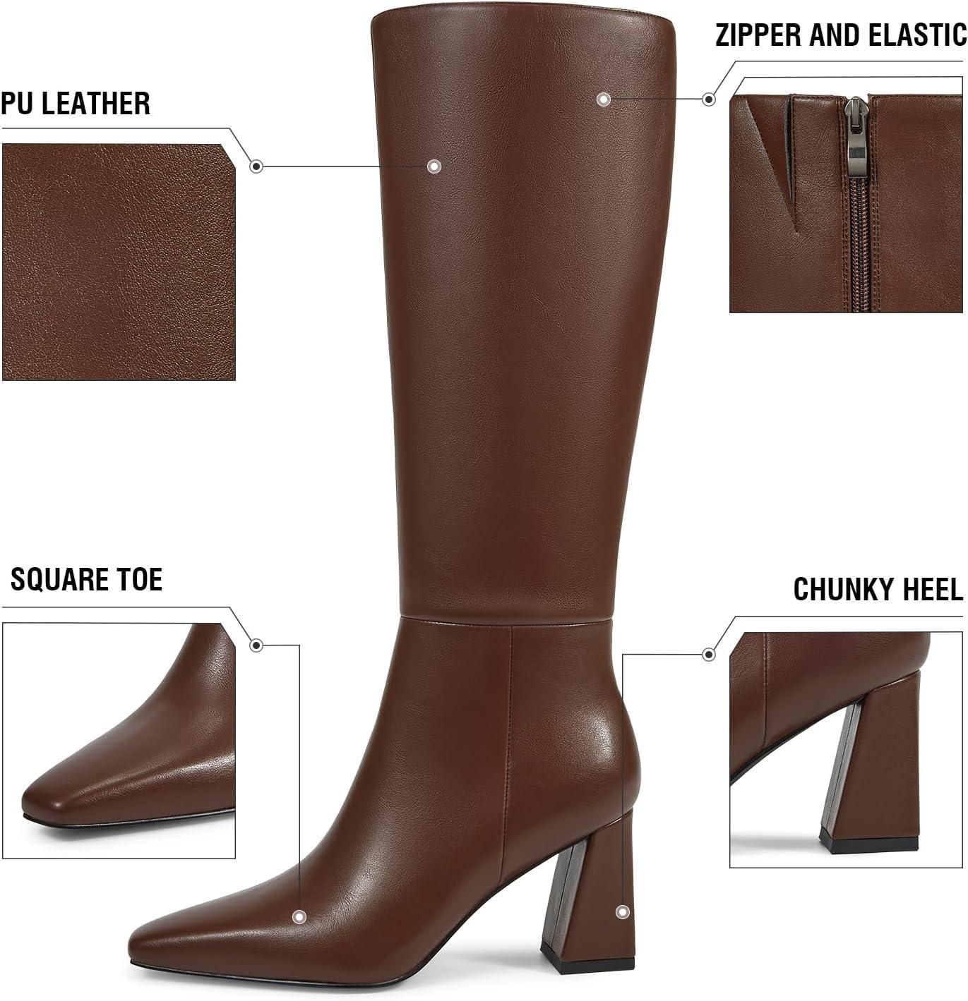 imageISNOM Knee High Boots Women Chunky Low Heel Square Toe Elastic Boots Side Zipper Faux Leather Fall Long Tall BootBrown 295in Heel