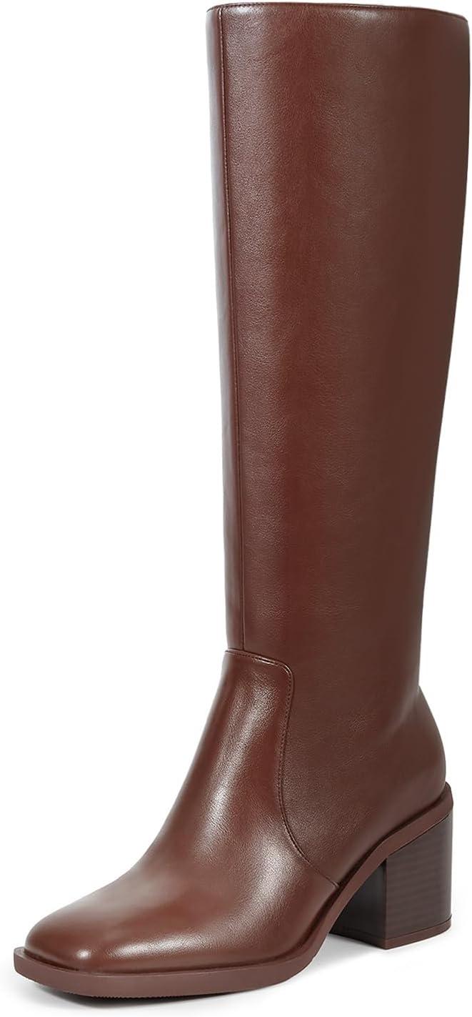 imageISNOM Knee High Boots Women Chunky Low Heel Square Toe Elastic Boots Side Zipper Faux Leather Fall Long Tall BootBrown Square Toe