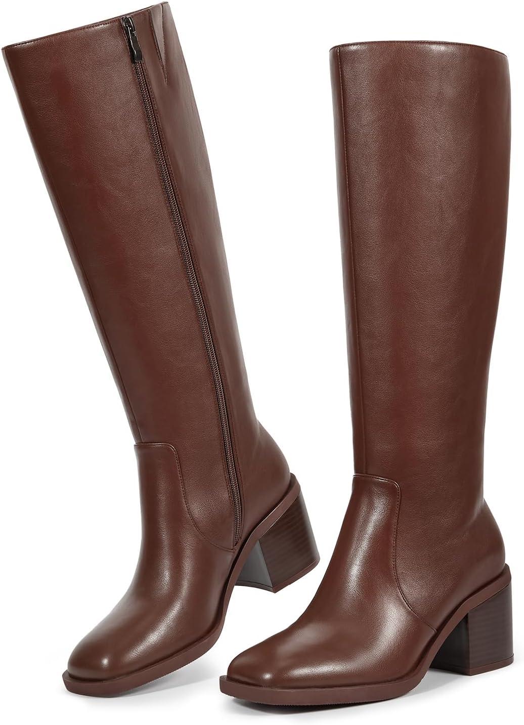 imageISNOM Knee High Boots Women Chunky Low Heel Square Toe Elastic Boots Side Zipper Faux Leather Fall Long Tall BootBrown Square Toe