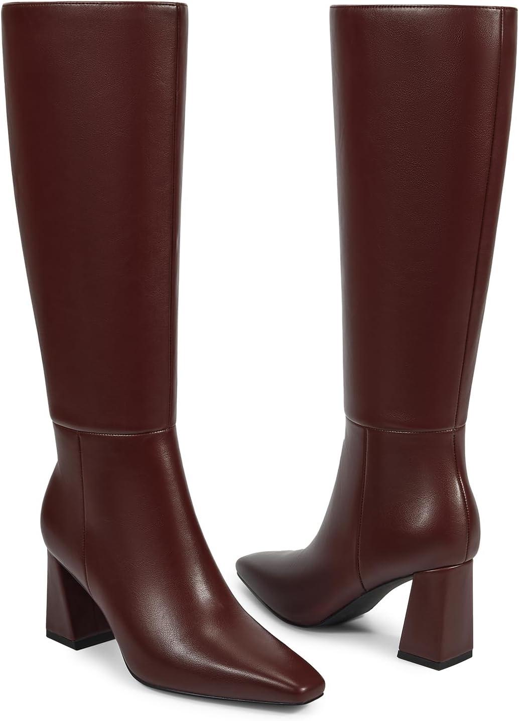 imageISNOM Knee High Boots Women Chunky Low Heel Square Toe Elastic Boots Side Zipper Faux Leather Fall Long Tall BootBurgundy 295in Heel