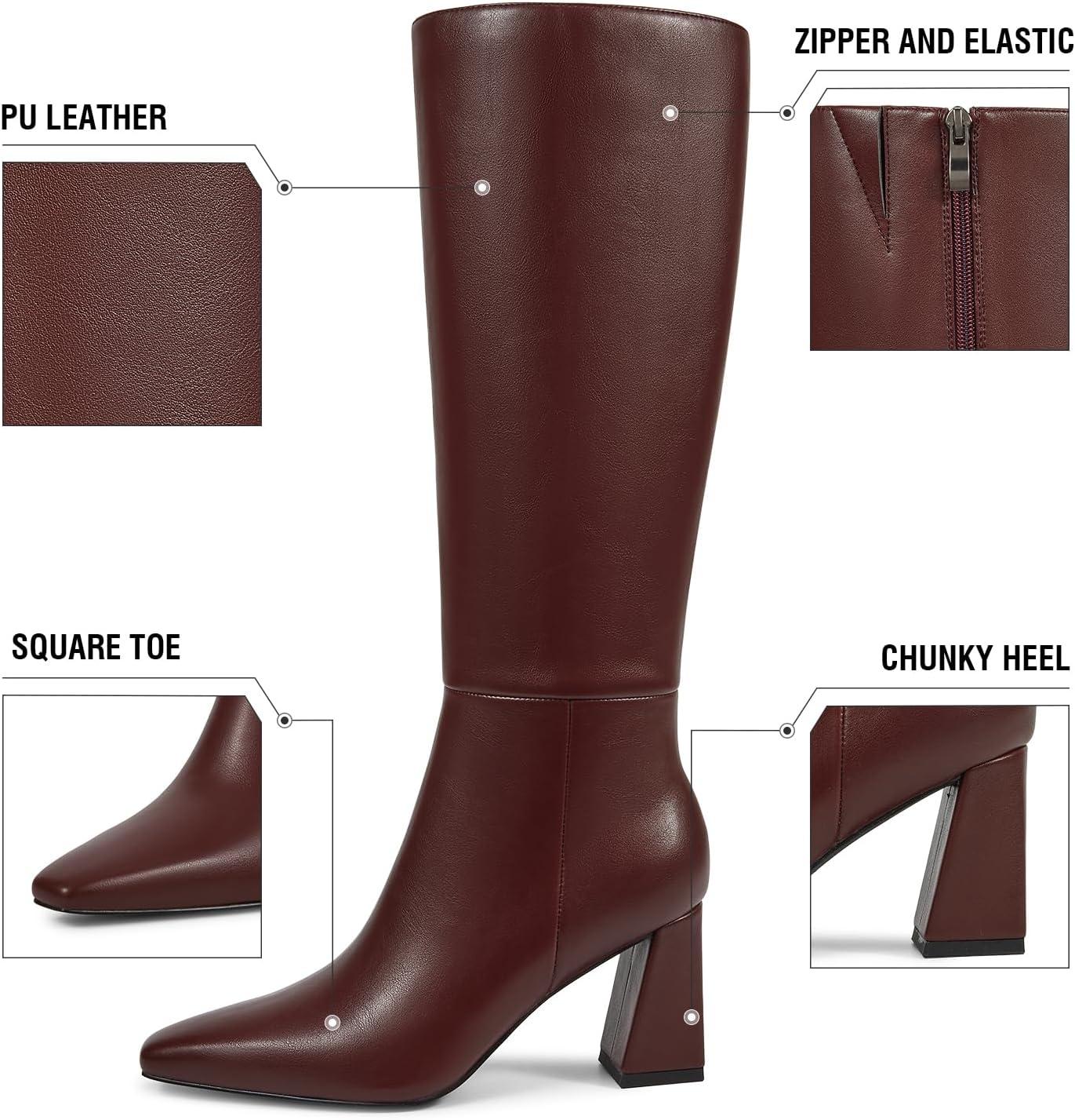 imageISNOM Knee High Boots Women Chunky Low Heel Square Toe Elastic Boots Side Zipper Faux Leather Fall Long Tall BootBurgundy 295in Heel