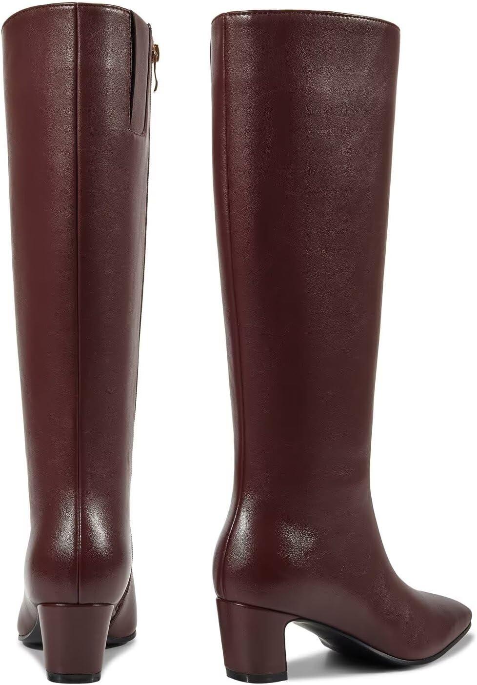imageISNOM Knee High Boots Women Chunky Low Heel Square Toe Elastic Boots Side Zipper Faux Leather Fall Long Tall BootBurgundy 2in Heel