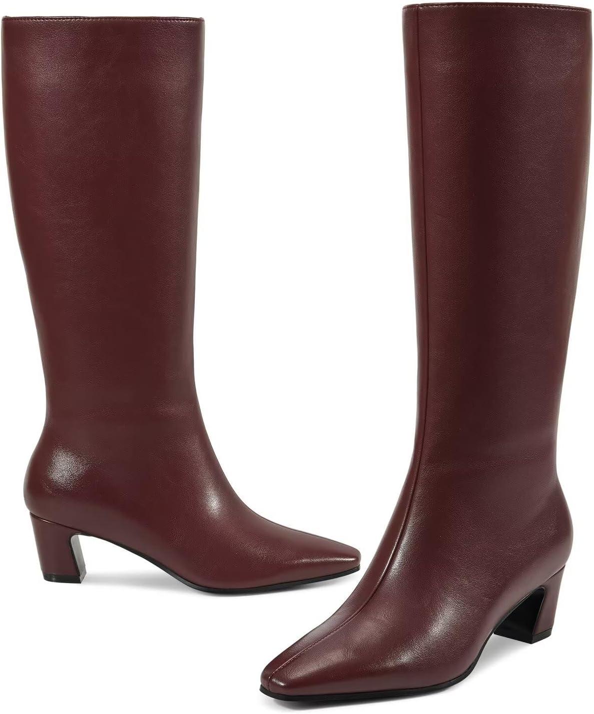 imageISNOM Knee High Boots Women Chunky Low Heel Square Toe Elastic Boots Side Zipper Faux Leather Fall Long Tall BootBurgundy 2in Heel