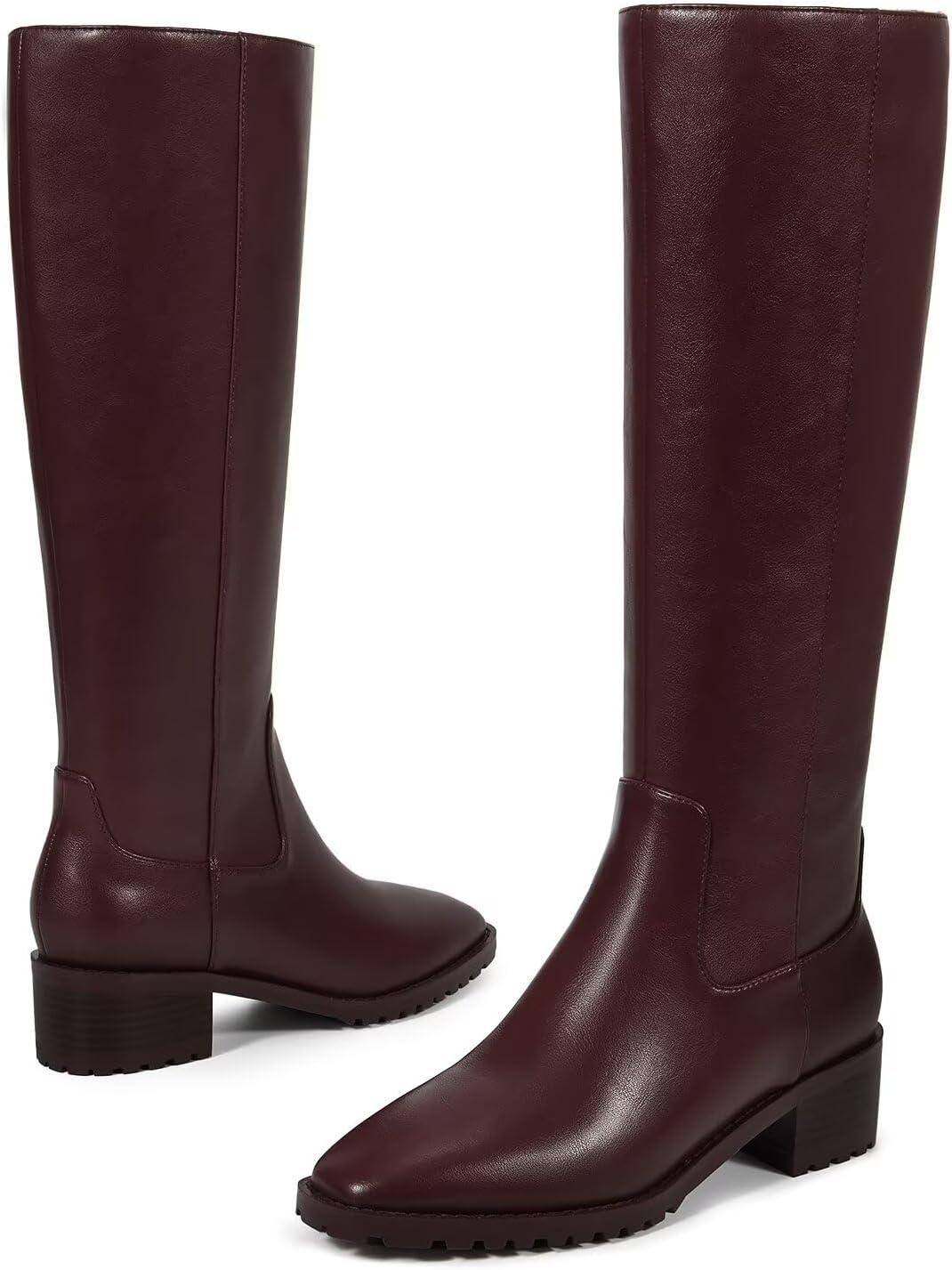 imageISNOM Knee High Boots Women Chunky Low Heel Square Toe Elastic Boots Side Zipper Faux Leather Fall Long Tall BootBurgundyblock Heels