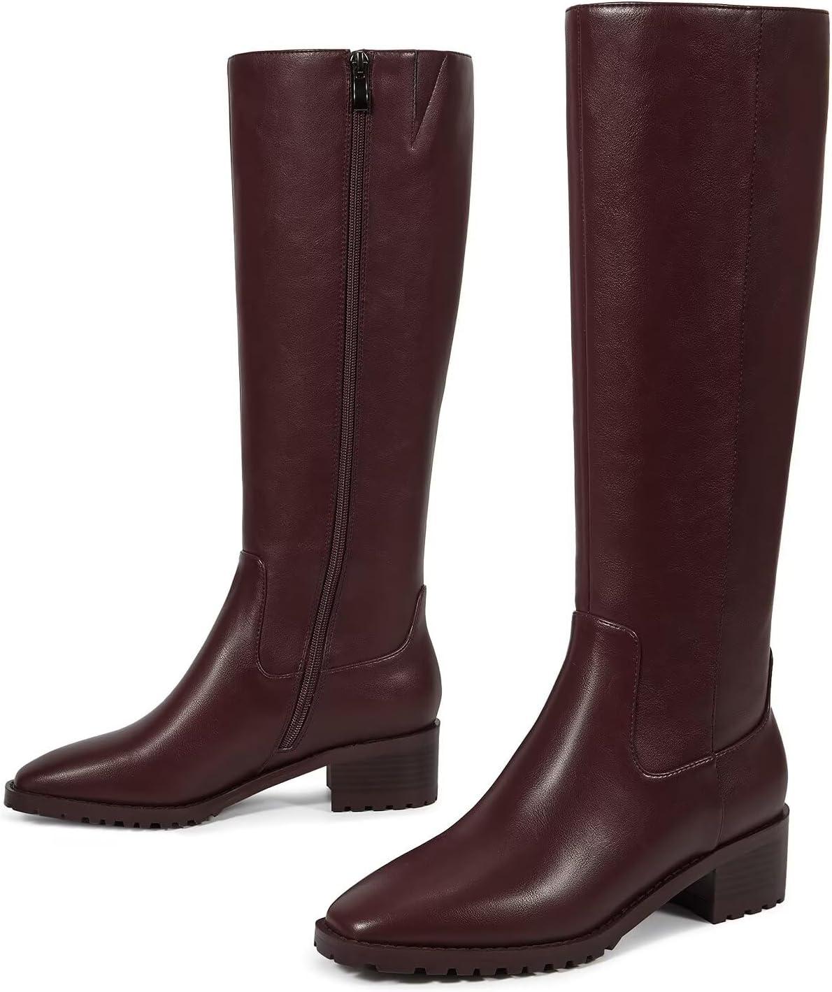 imageISNOM Knee High Boots Women Chunky Low Heel Square Toe Elastic Boots Side Zipper Faux Leather Fall Long Tall BootBurgundyblock Heels