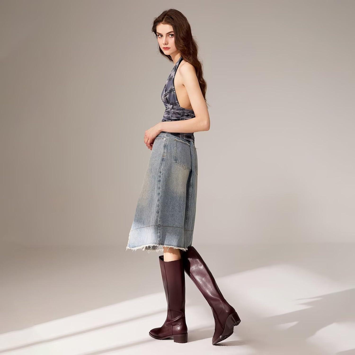 imageISNOM Knee High Boots Women Chunky Low Heel Square Toe Elastic Boots Side Zipper Faux Leather Fall Long Tall BootBurgundyblock Heels