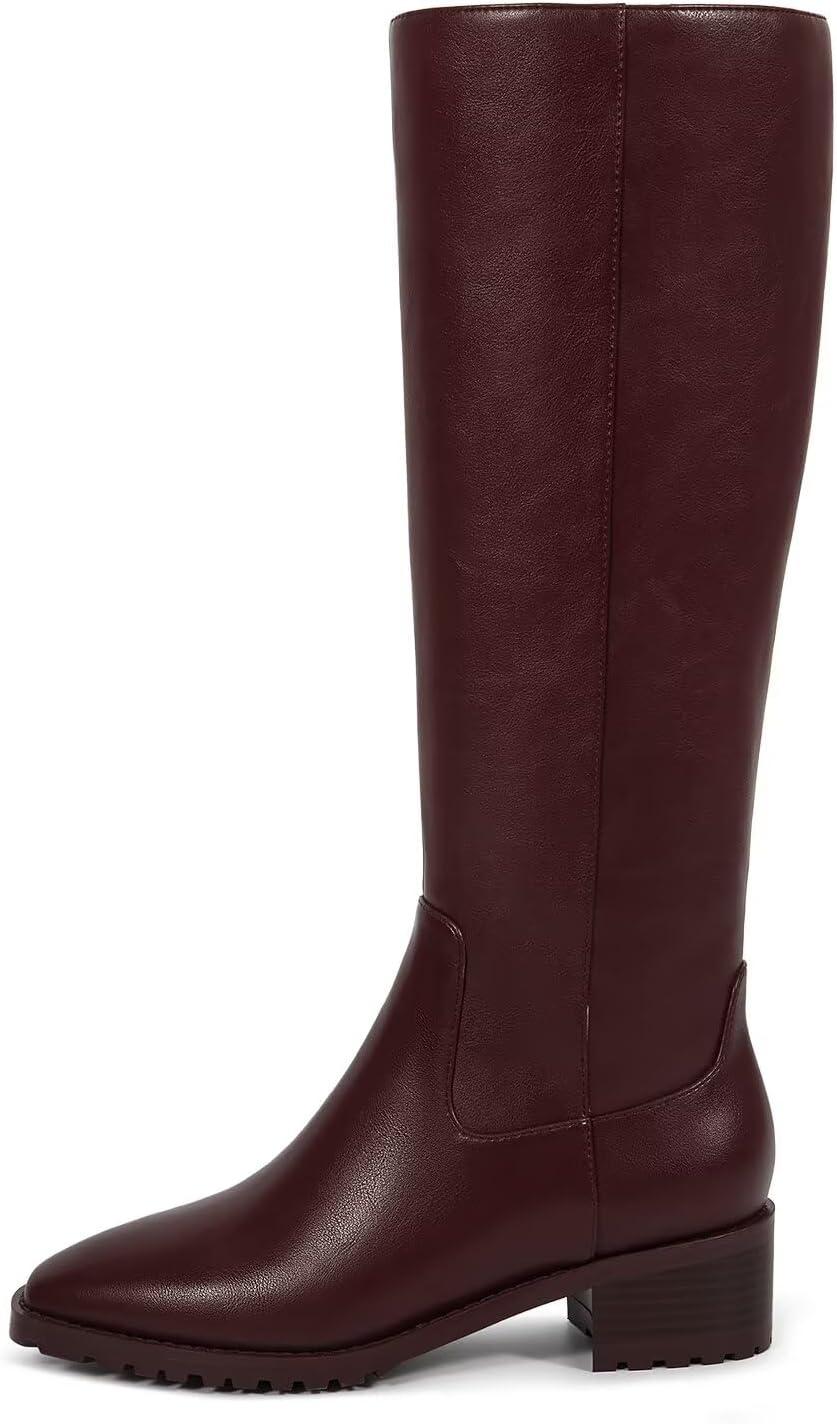 imageISNOM Knee High Boots Women Chunky Low Heel Square Toe Elastic Boots Side Zipper Faux Leather Fall Long Tall BootBurgundyblock Heels