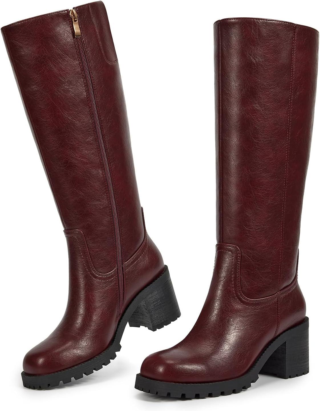 imageISNOM Knee High Boots Women Chunky Low Heel Square Toe Elastic Boots Side Zipper Faux Leather Fall Long Tall BootBurgundychunky Heels