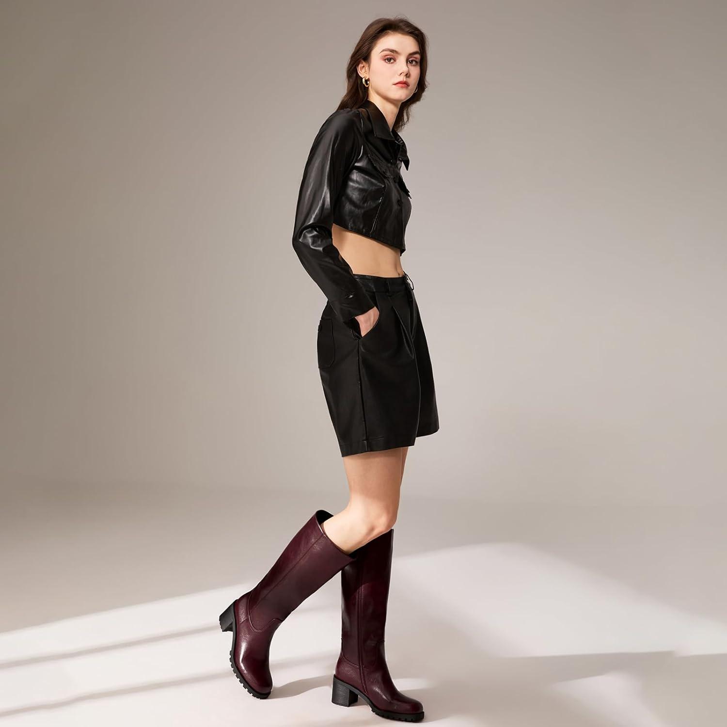 imageISNOM Knee High Boots Women Chunky Low Heel Square Toe Elastic Boots Side Zipper Faux Leather Fall Long Tall BootBurgundychunky Heels