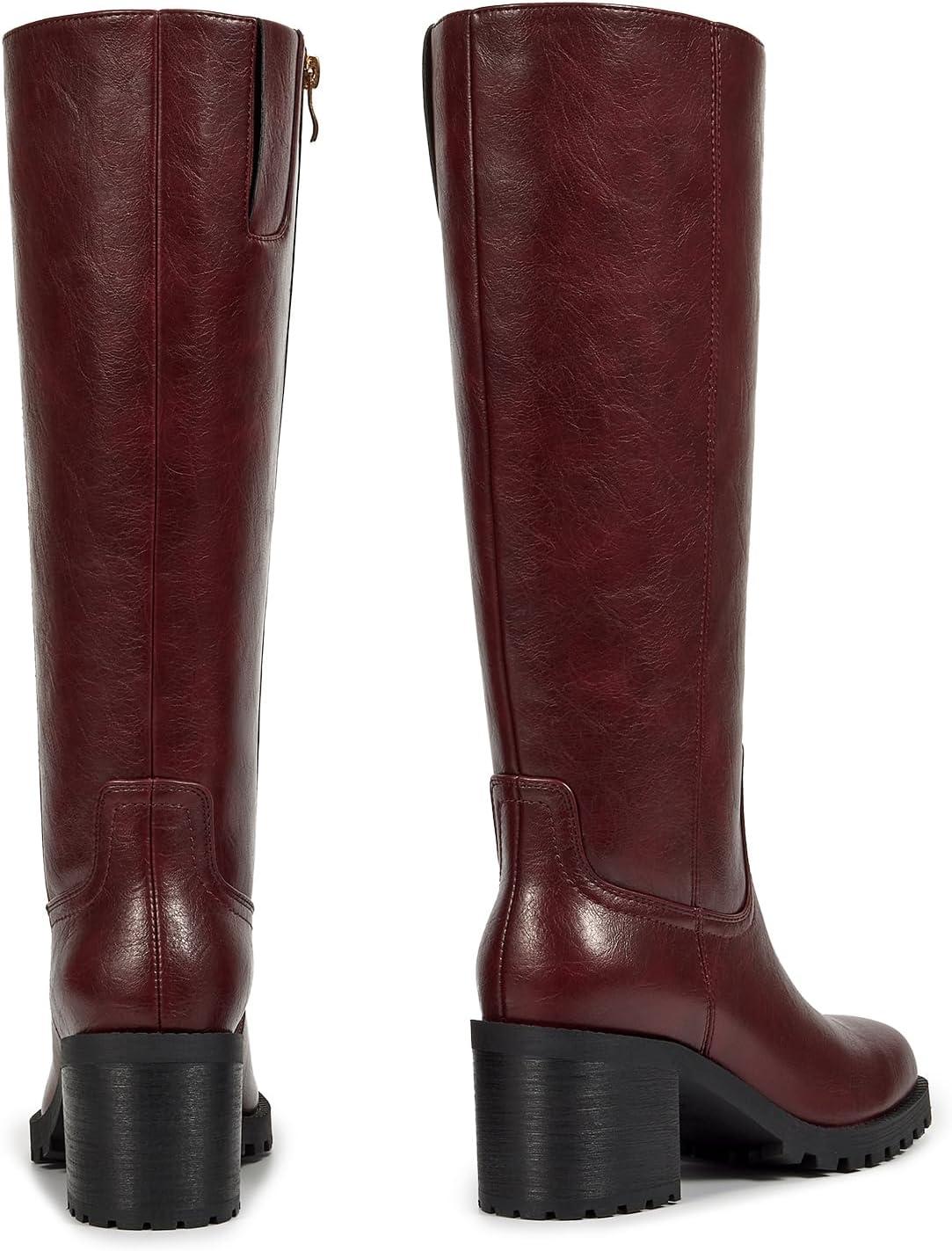 imageISNOM Knee High Boots Women Chunky Low Heel Square Toe Elastic Boots Side Zipper Faux Leather Fall Long Tall BootBurgundychunky Heels