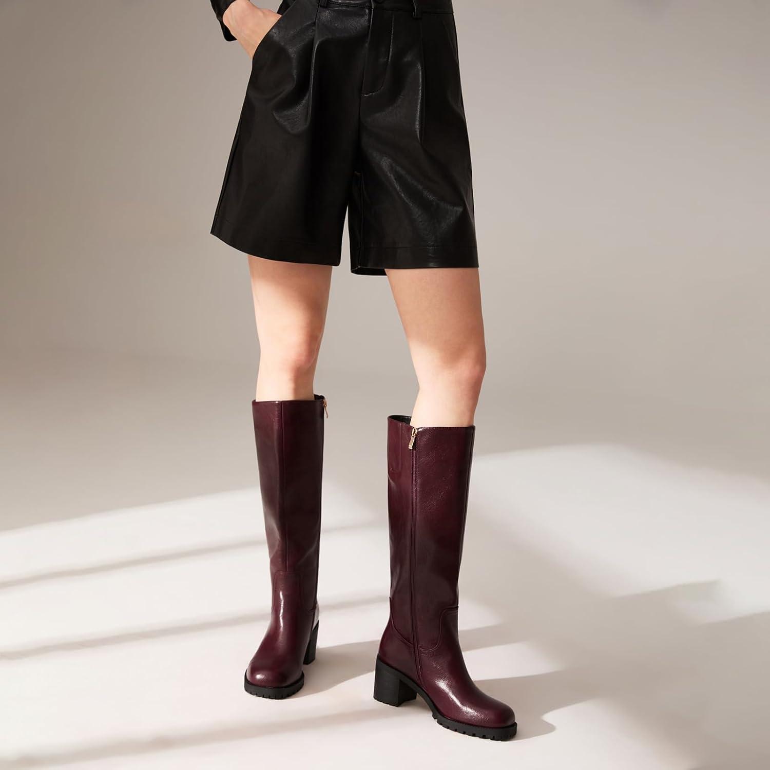 imageISNOM Knee High Boots Women Chunky Low Heel Square Toe Elastic Boots Side Zipper Faux Leather Fall Long Tall BootBurgundychunky Heels