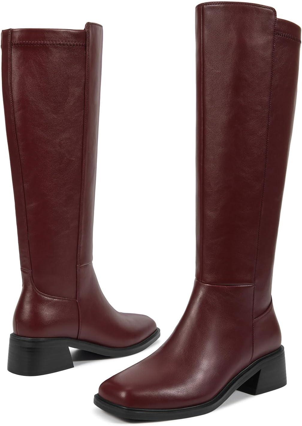 imageISNOM Knee High Boots Women Chunky Low Heel Square Toe Elastic Boots Side Zipper Faux Leather Fall Long Tall BootBurgundylow Heels