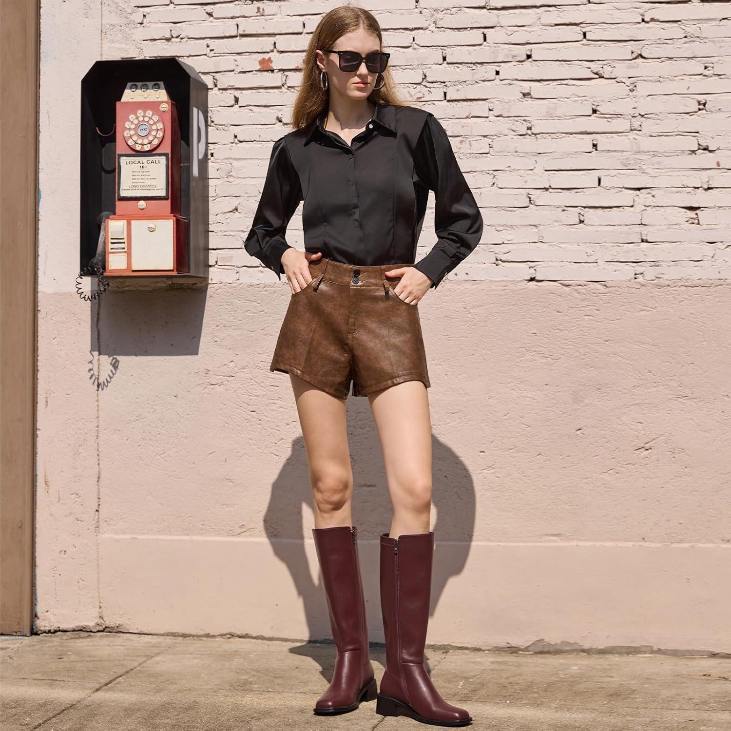 imageISNOM Knee High Boots Women Chunky Low Heel Square Toe Elastic Boots Side Zipper Faux Leather Fall Long Tall BootBurgundylow Heels