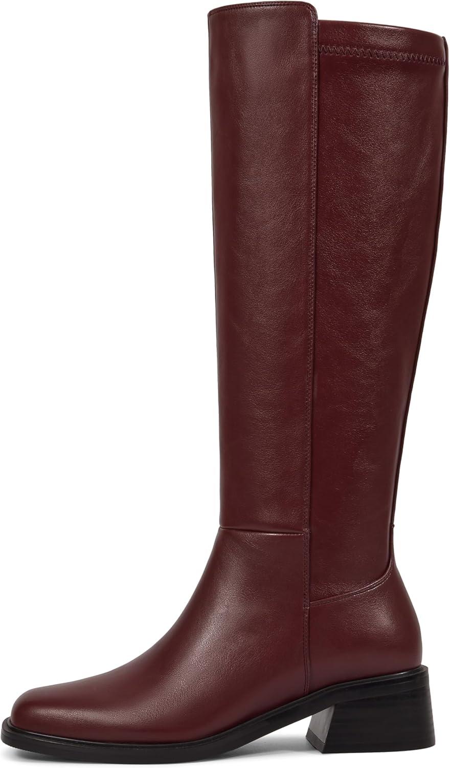 imageISNOM Knee High Boots Women Chunky Low Heel Square Toe Elastic Boots Side Zipper Faux Leather Fall Long Tall BootBurgundylow Heels