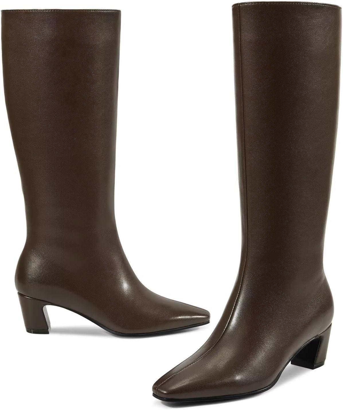 imageISNOM Knee High Boots Women Chunky Low Heel Square Toe Elastic Boots Side Zipper Faux Leather Fall Long Tall BootChocolate Brown 2in Heel