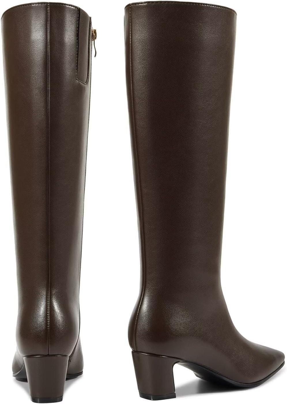 imageISNOM Knee High Boots Women Chunky Low Heel Square Toe Elastic Boots Side Zipper Faux Leather Fall Long Tall BootChocolate Brown 2in Heel