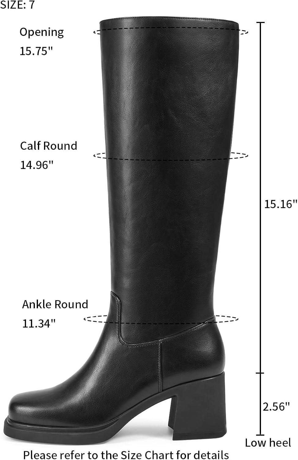 imageISNOM Knee High Boots Women Chunky Low Heel Square Toe Elastic Boots Side Zipper Faux Leather Fall Long Tall BootMatte Black Platform Heel