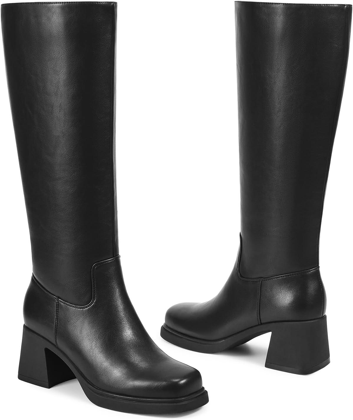 imageISNOM Knee High Boots Women Chunky Low Heel Square Toe Elastic Boots Side Zipper Faux Leather Fall Long Tall BootMatte Black Platform Heel