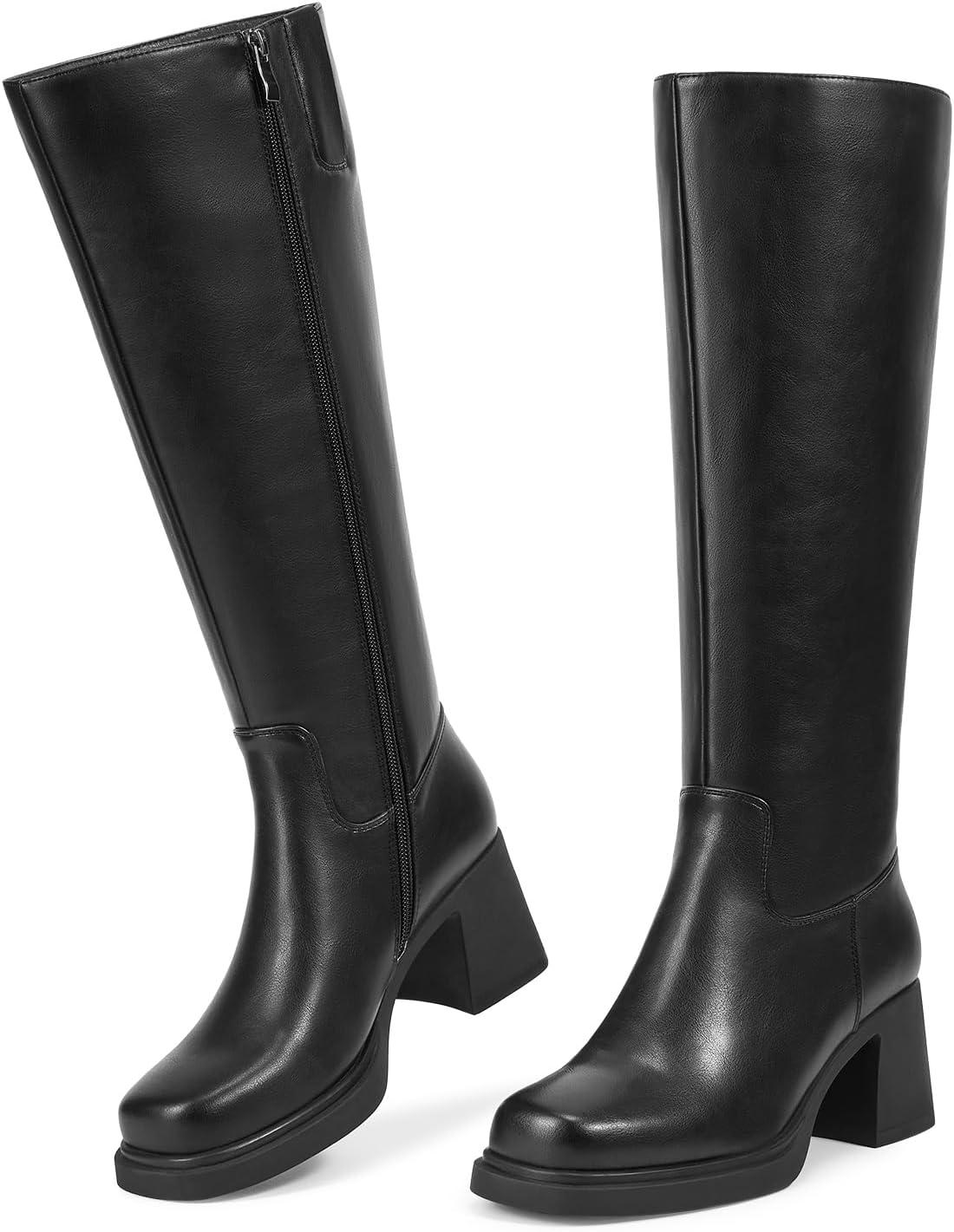 imageISNOM Knee High Boots Women Chunky Low Heel Square Toe Elastic Boots Side Zipper Faux Leather Fall Long Tall BootMatte Black Platform Heel