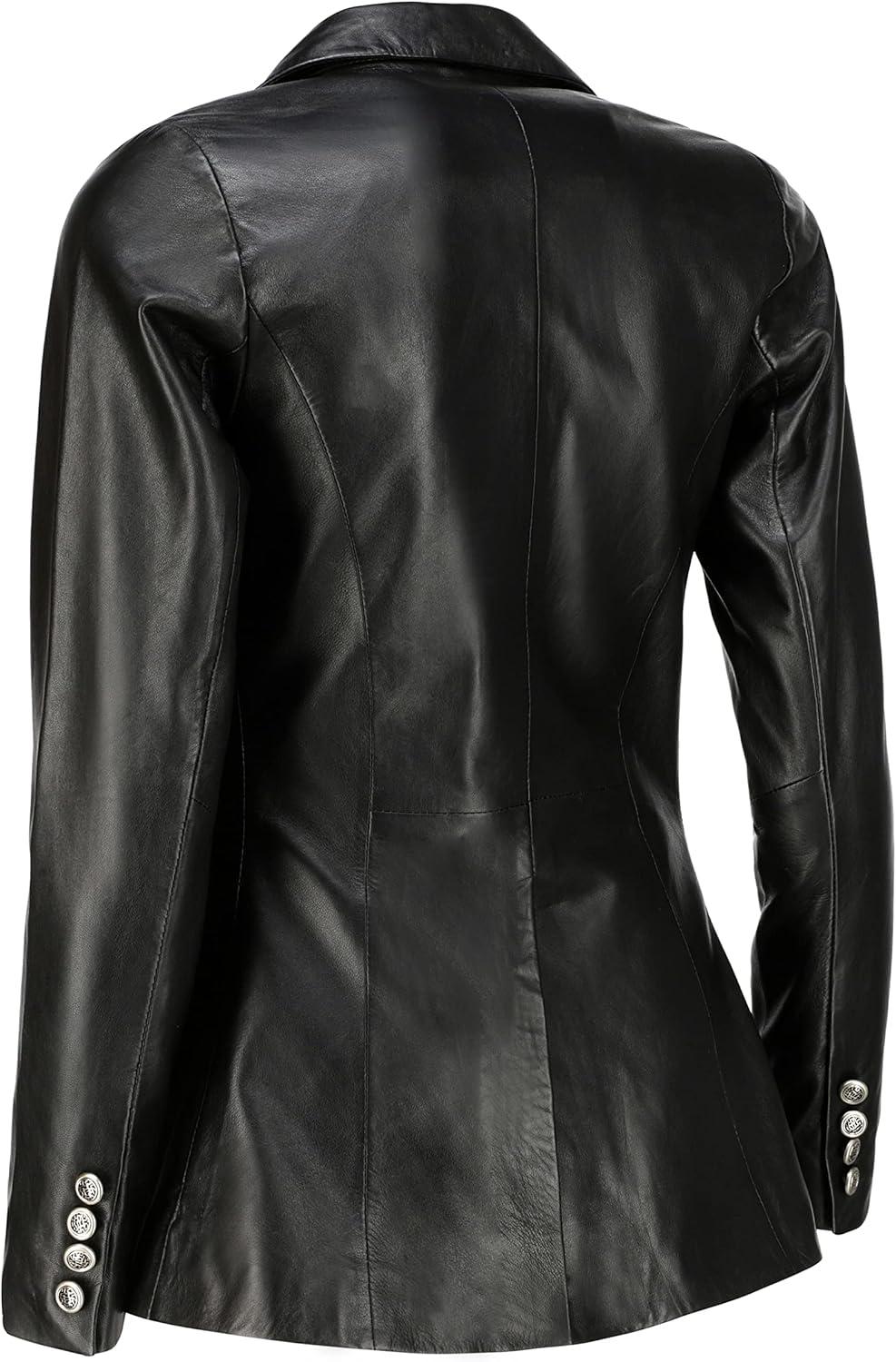 imageJild Double Breasted Fancy Buttons Lambskin Leather Blazer Women Kim Kardashian Long Sleeve Coat Style Leather Jacket WomenBlack