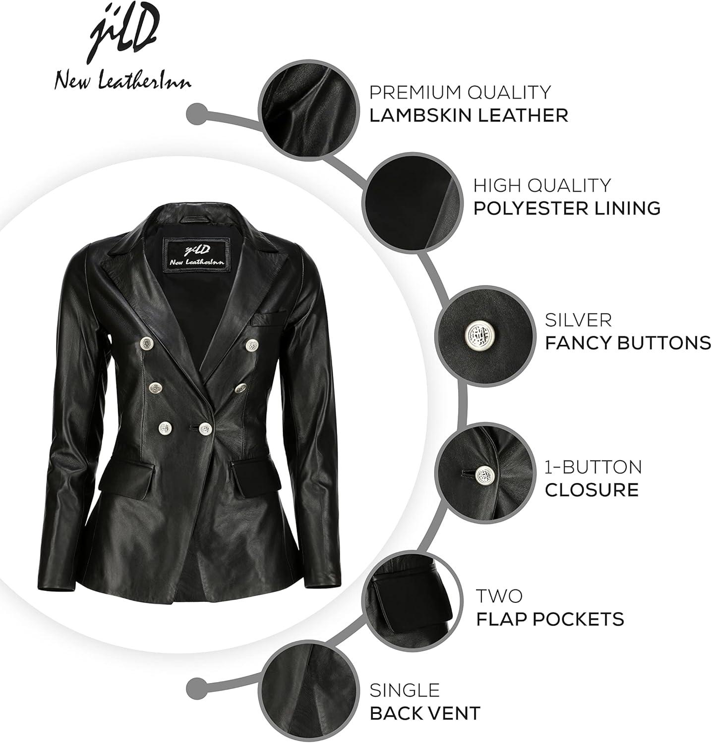 imageJild Double Breasted Fancy Buttons Lambskin Leather Blazer Women Kim Kardashian Long Sleeve Coat Style Leather Jacket WomenBlack