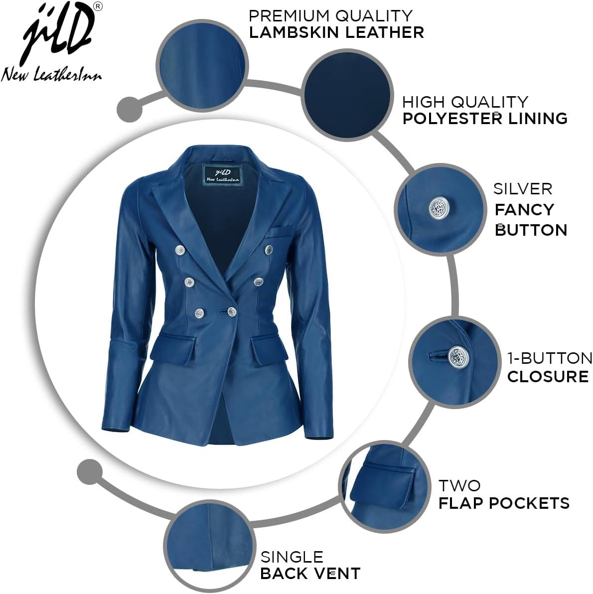 imageJild Double Breasted Fancy Buttons Lambskin Leather Blazer Women Kim Kardashian Long Sleeve Coat Style Leather Jacket WomenBlue