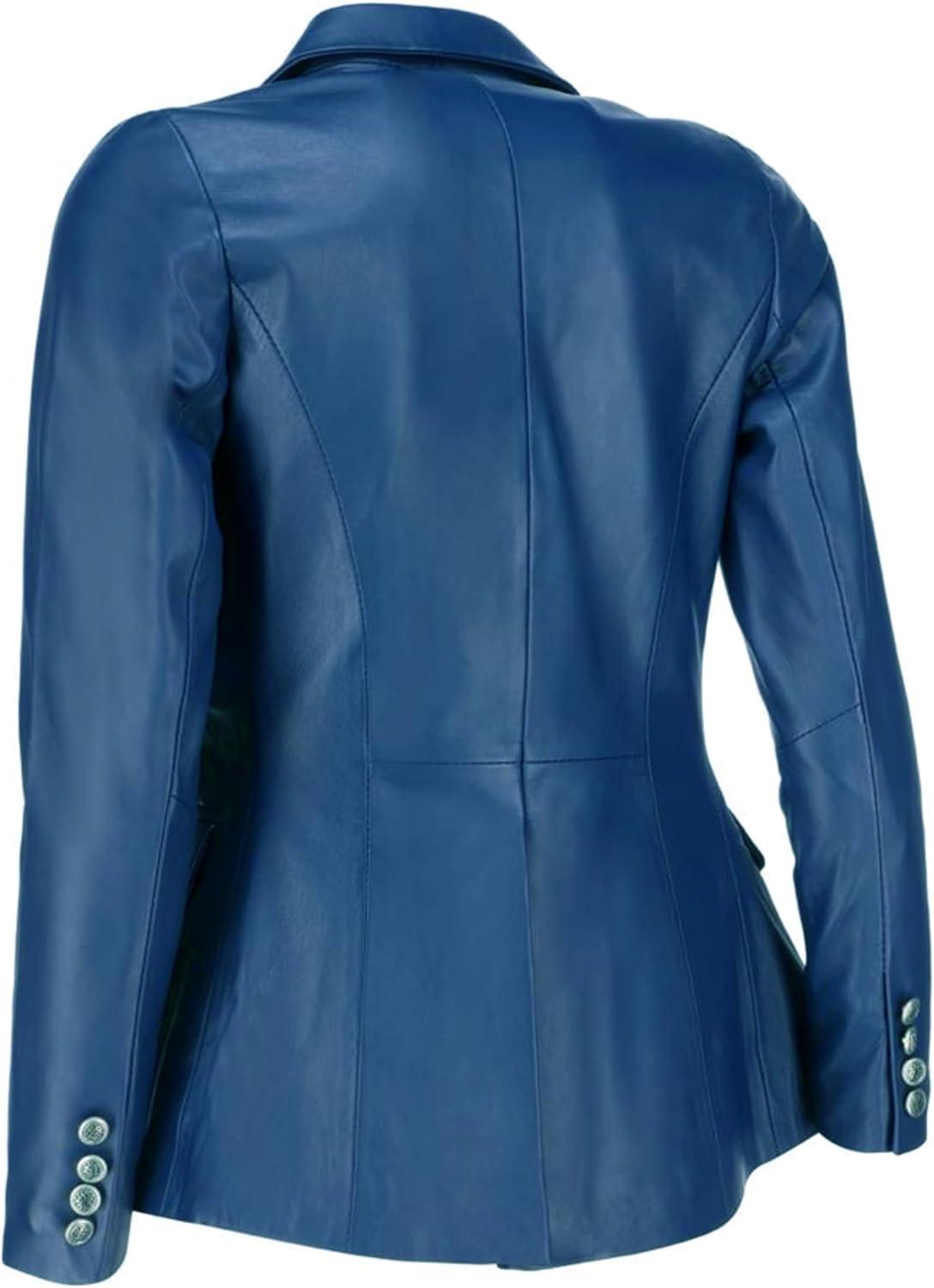 imageJild Double Breasted Fancy Buttons Lambskin Leather Blazer Women Kim Kardashian Long Sleeve Coat Style Leather Jacket WomenBlue