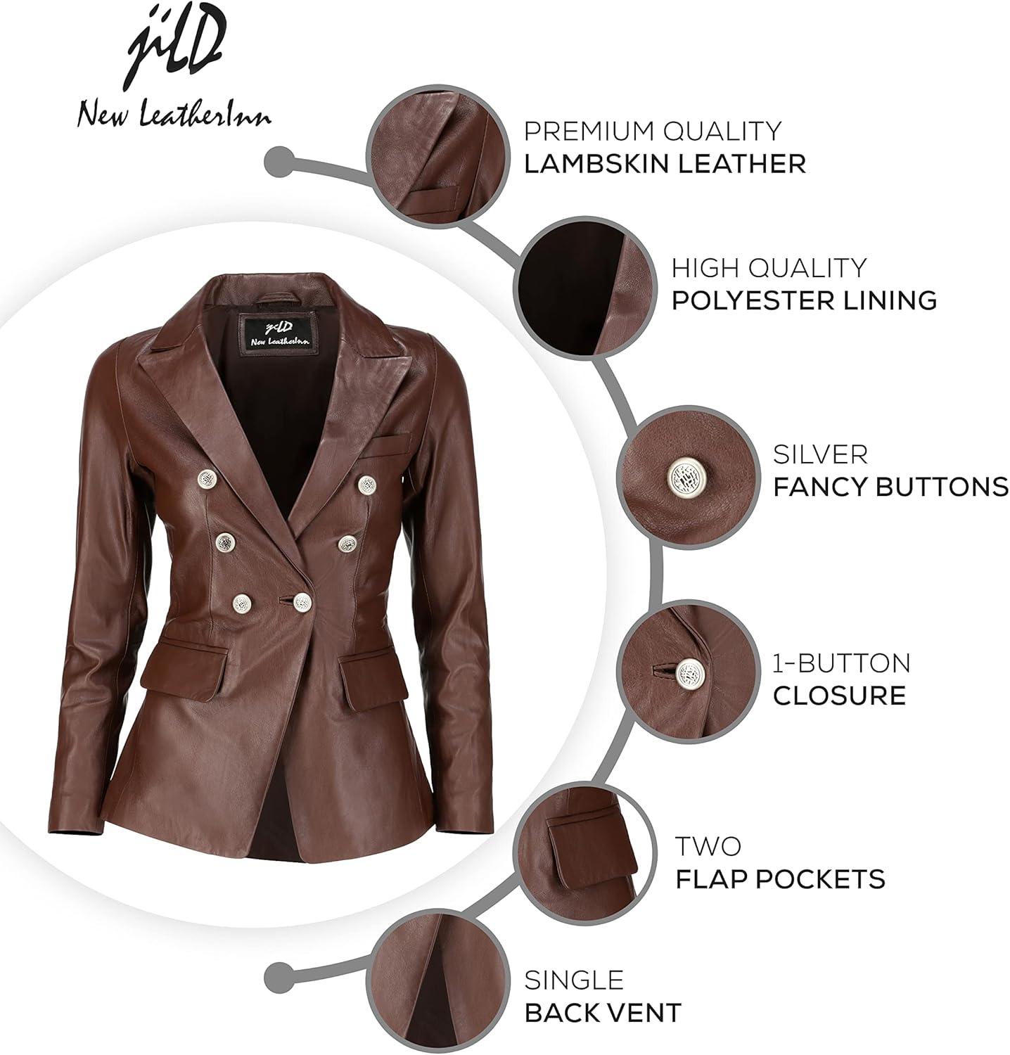 imageJild Double Breasted Fancy Buttons Lambskin Leather Blazer Women Kim Kardashian Long Sleeve Coat Style Leather Jacket WomenBrown