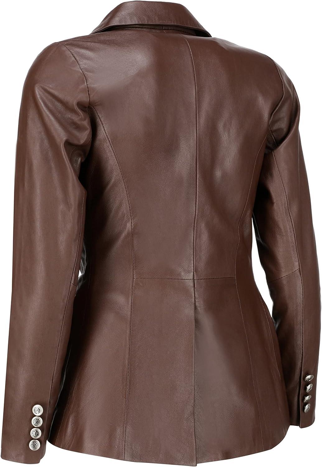 imageJild Double Breasted Fancy Buttons Lambskin Leather Blazer Women Kim Kardashian Long Sleeve Coat Style Leather Jacket WomenBrown