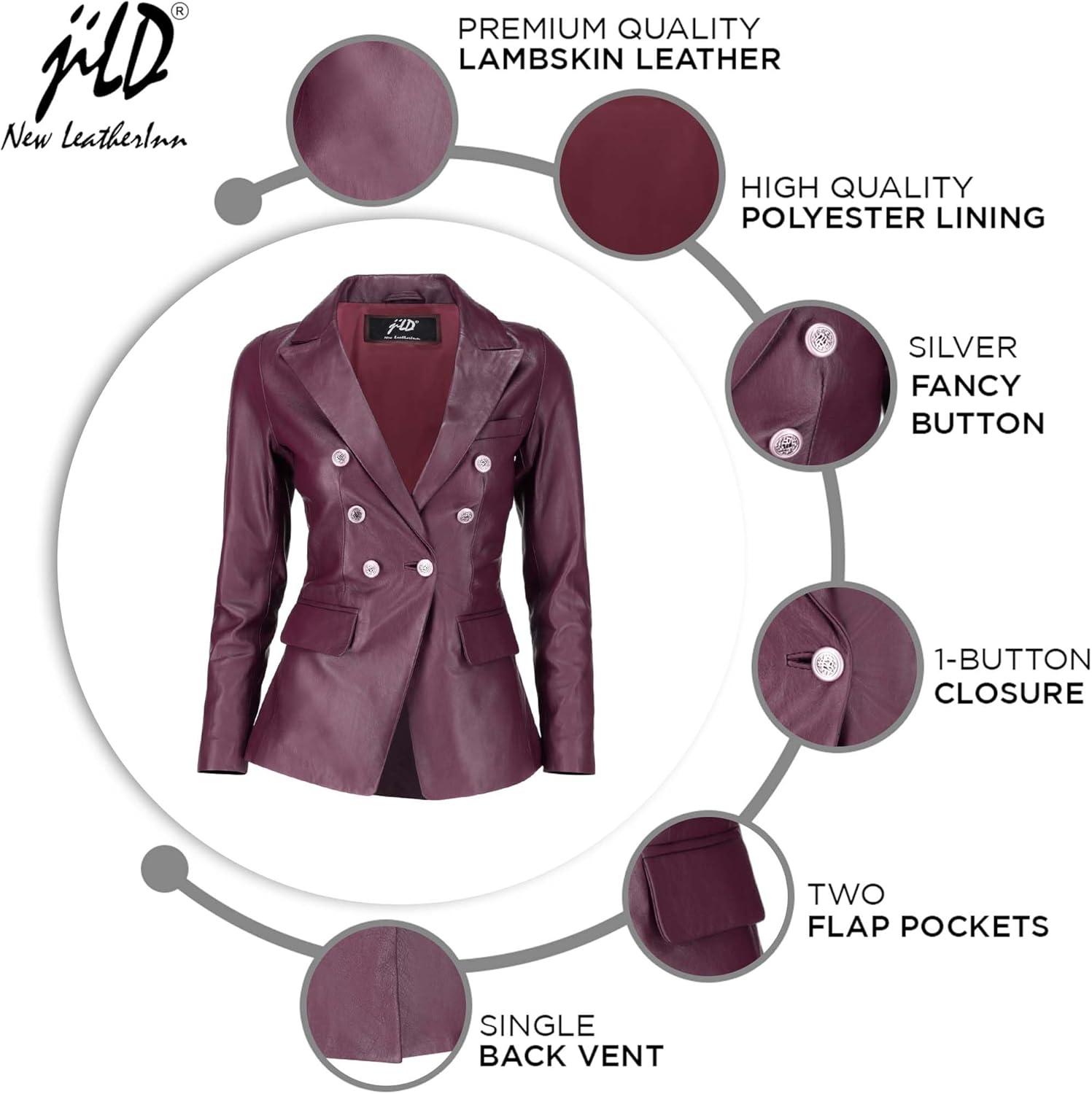 imageJild Double Breasted Fancy Buttons Lambskin Leather Blazer Women Kim Kardashian Long Sleeve Coat Style Leather Jacket WomenBurgundy