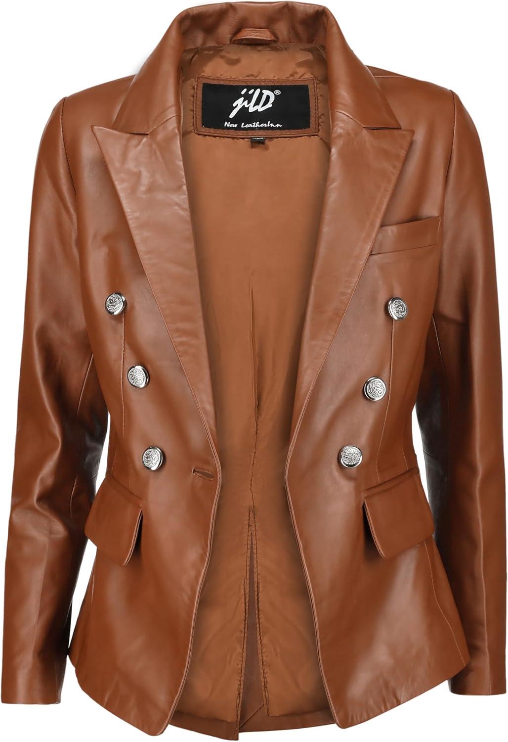 imageJild Double Breasted Fancy Buttons Lambskin Leather Blazer Women Kim Kardashian Long Sleeve Coat Style Leather Jacket WomenCognac