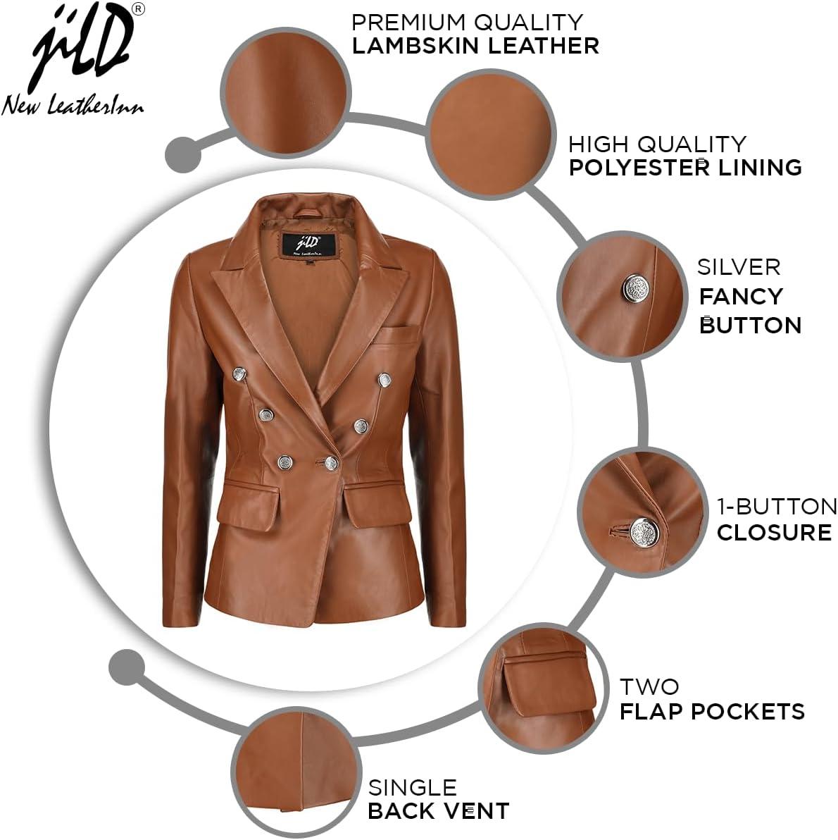 imageJild Double Breasted Fancy Buttons Lambskin Leather Blazer Women Kim Kardashian Long Sleeve Coat Style Leather Jacket WomenCognac