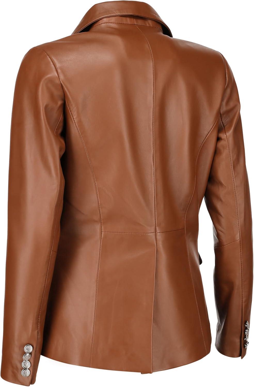 imageJild Double Breasted Fancy Buttons Lambskin Leather Blazer Women Kim Kardashian Long Sleeve Coat Style Leather Jacket WomenCognac