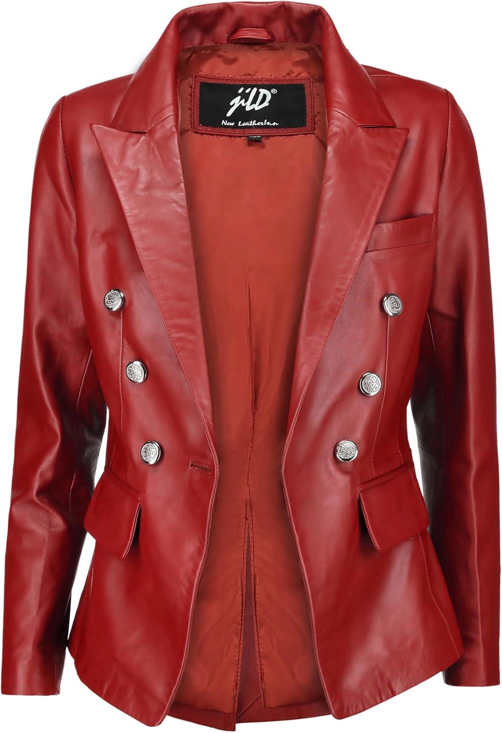imageJild Double Breasted Fancy Buttons Lambskin Leather Blazer Women Kim Kardashian Long Sleeve Coat Style Leather Jacket WomenRed