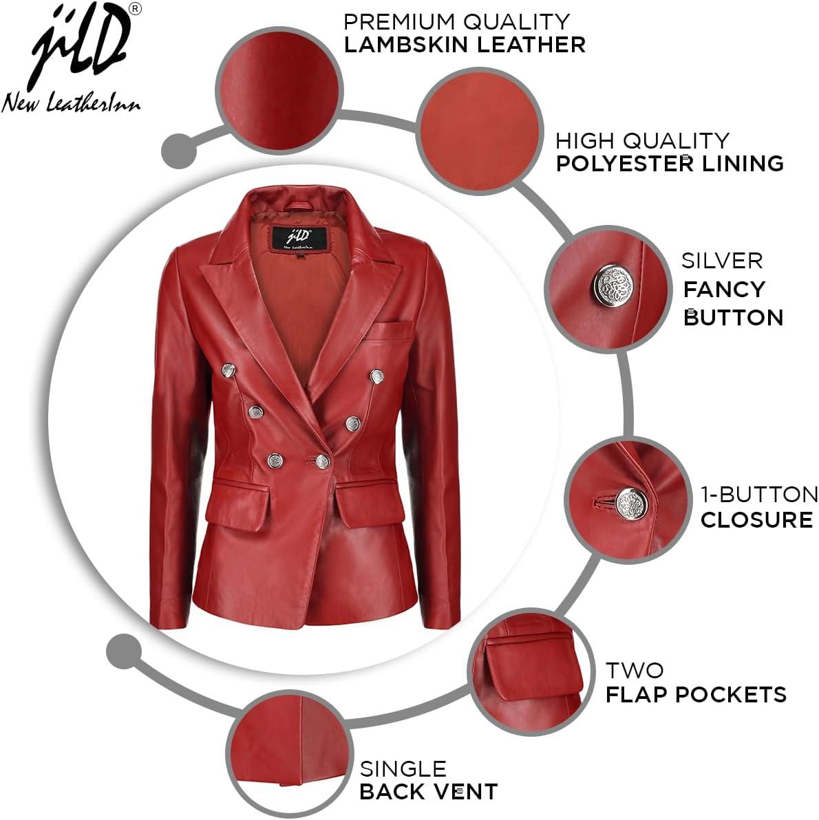 imageJild Double Breasted Fancy Buttons Lambskin Leather Blazer Women Kim Kardashian Long Sleeve Coat Style Leather Jacket WomenRed